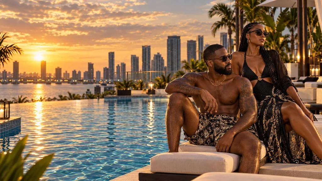 A couple relaxing poolside at a rooftop infinity pool at sunset, with the city skyline behind them
